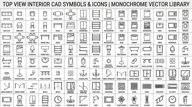 Top View Interior Cad Symbols and Icons Monochrome Vector Library.
