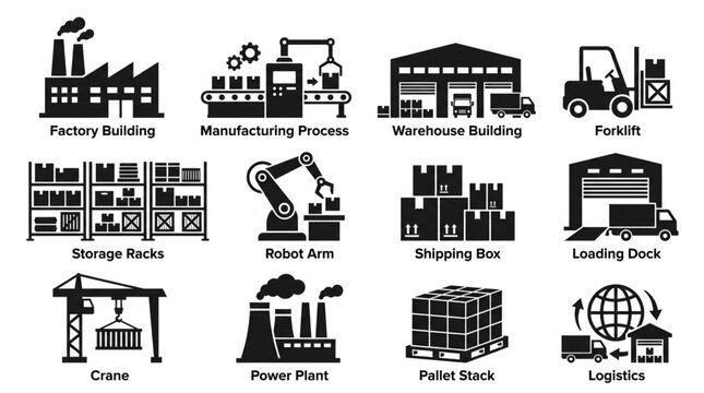 Collection of Industrial and Logistics Icons Representing Manufacturing and Supply Chain.