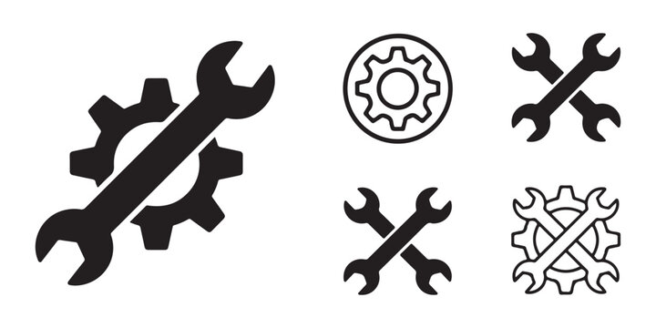 Tools icons wrench spanner gear symbols crossed isolated black and white for repair service maintenance.