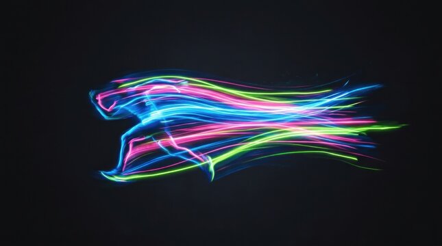A silhouetted figure is captured in motion, creating a vibrant, abstract streak of light against a stark black background.