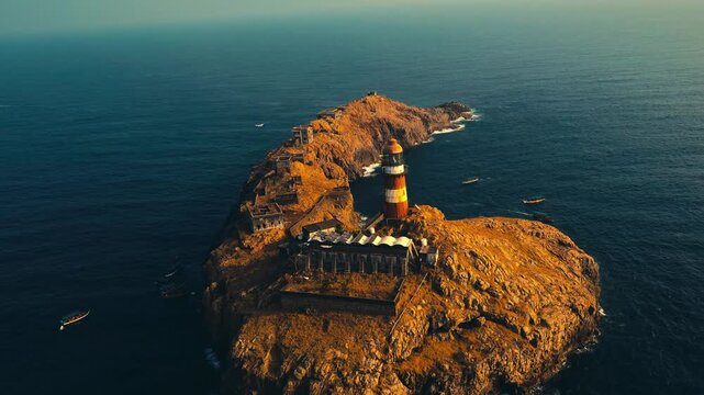 Aerial view of a lighthouse on a rocky headland overlooking the sea at sunset