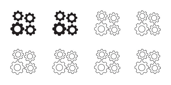Four variations of four interlocking gear icons in black and outline styles, symbolizing collaboration and systems.