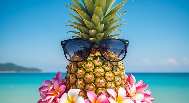 Vibrant tropical pineapple with stylish sunglasses on beachfront with colorful flowers and ocean backdrop