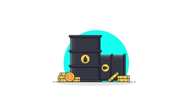 4k Barrels and Coins with Rising Arrow. Oil Price Rise Concept Animation Video