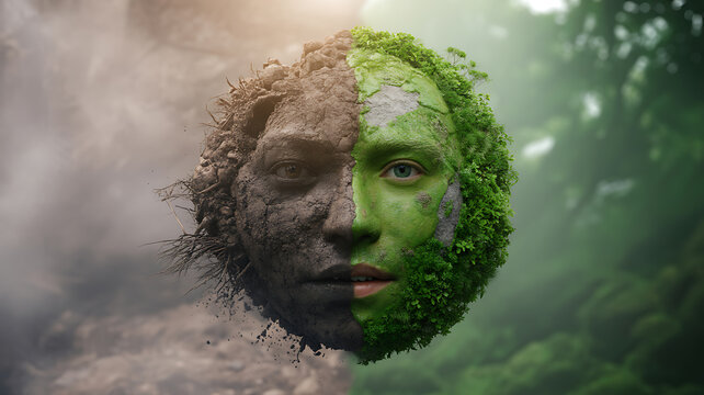 Split human face photograph depicting environmental contrast with greenery and decay high quality