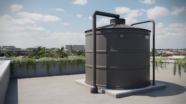 Gray water tank on rooftop 3d render with city view background high quality