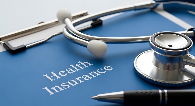 Health insurance policy document on blue clipboard, medical stethoscope and pen on healthcare contract, professional medical insurance concept
