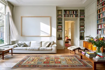 Stilvolles Poster Mockup in einem bewohnten Wohnzimmer mit elegantem Rahmen Mockup, Sofa, Teppich, Bücherregalen und natürlichem Tageslicht zur realistischen Präsentation von Wandkunst und Kunstdrucke © shokokoart