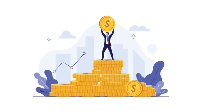 Successful businessman stands triumphantly on a large stack of gold coins while holding one high in the air.