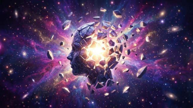 A shattered human head explodes into a vibrant, cosmic nebula.