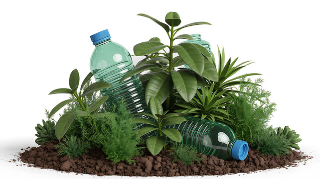 Plastic bottles among lush green plants 3d render on soil background high quality