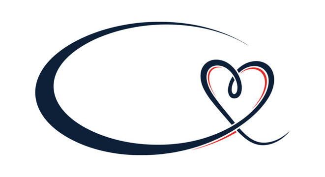 Dark blue oval frame encircles a stylized heart shape with a red accent line in a minimalist graphic design.