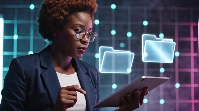 Businesswoman uses tablet with holographic folder icons floating. Woman touches digital folder on tablet. Professional manages virtual folder system with tablet. Digital folder appears near woman.