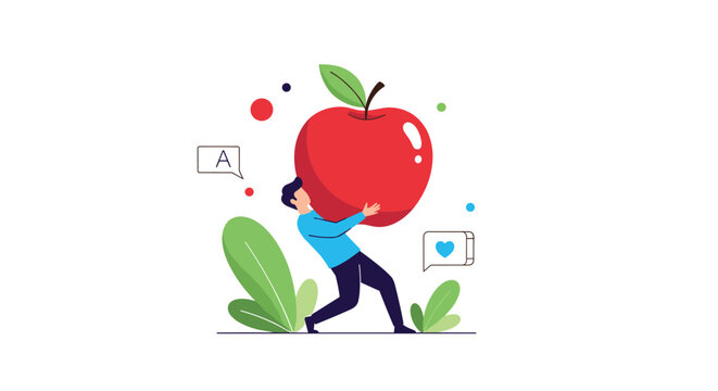 Small man exerts effort while lifting a giant red apple to symbolize health, nutrition, or the weight of education.