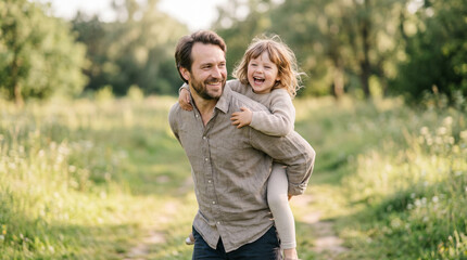 Obraz premium Father carrying young girl on back while smiling in sunny meadow 