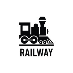 black silhouette of a vintage steam locomotive with railway text on a white background high quality professional detailed modern elegant © Sina