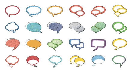 Obraz premium Large set of various hand-drawn colorful speech bubbles and chat clouds for communication and social media graphic design.