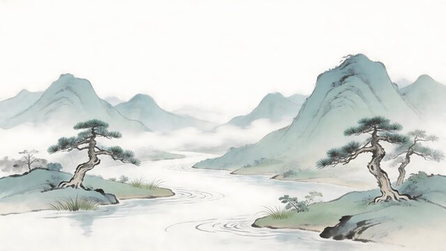 Traditional landscape painting with mountains and trees