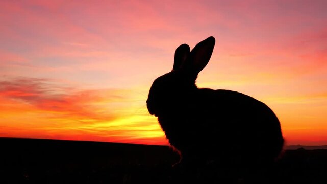 Silhouette of a rabbit against a vibrant sunset sky, creating a peaceful and natural scene