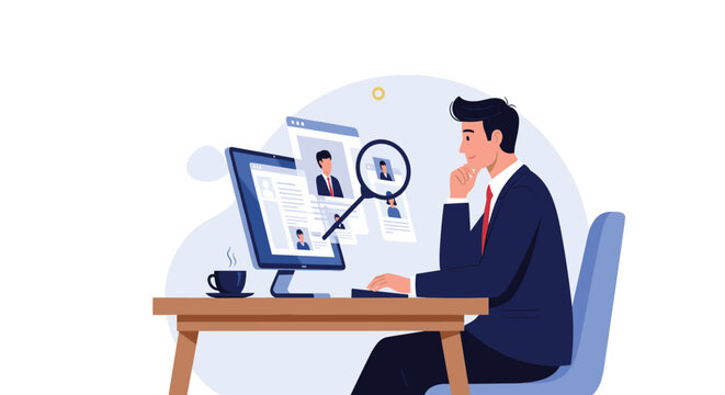 Professional recruiter or HR manager using a magnifying glass to examine candidate profiles and resumes on a computer screen.