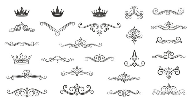 Elegant set of vintage calligraphic ornaments, royal crowns, and decorative flourishes for formal invitation and certificate design.