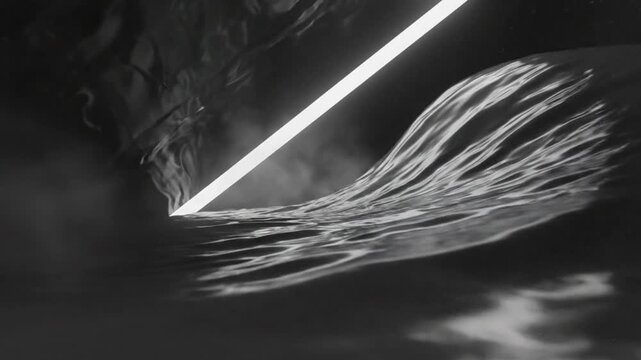 Abstract grayscale animation of water ripples with bright diagonal light shining through a dark cavern