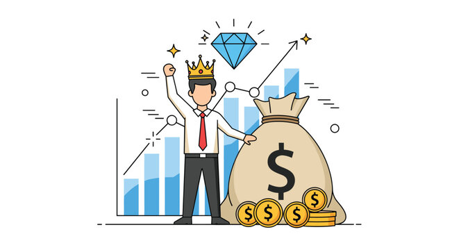Successful businessman wearing a gold crown and standing next to a large money bag with gold coins and a shiny blue diamond on top.