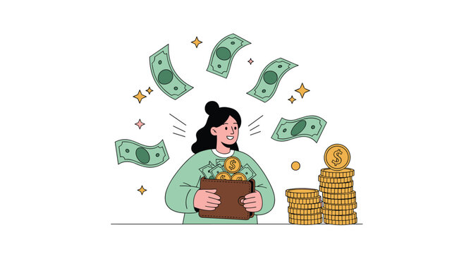 Joyful woman holding a brown wallet full of money while dollar bills fly in the air and stacks of gold coins stand on the desk.
