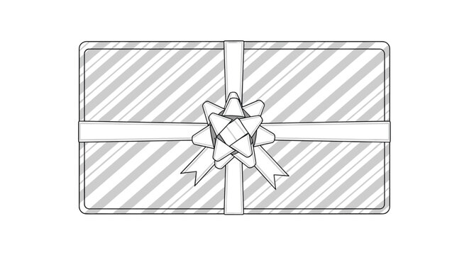 Top view of a rectangular gift box wrapped in striped paper and tied with a large white ribbon and decorative layered bow.