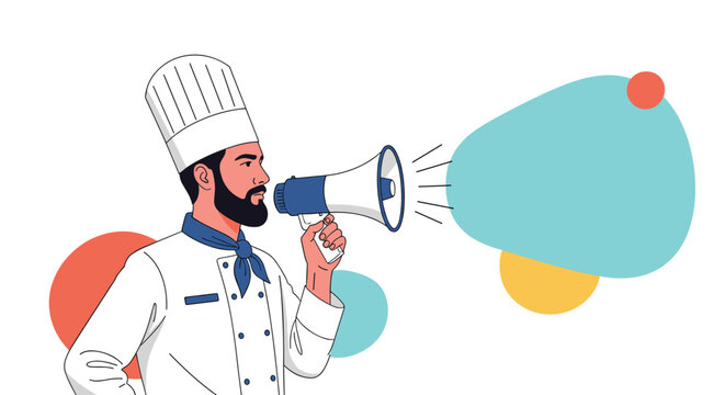 Professional male chef in a white uniform holding a megaphone with a speech bubble for making important food announcements.