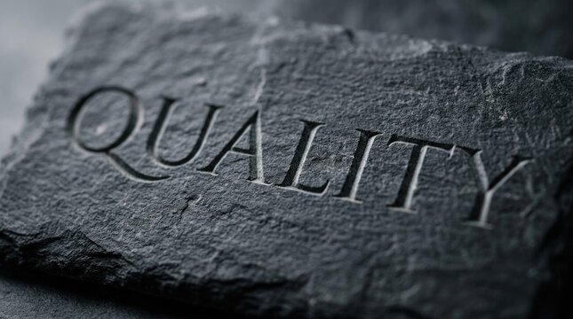 A dark gray stone slab is prominently displayed, with the word "QUALITY" deeply etched into its surface.