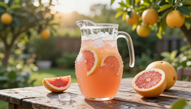Rosa Grapefruit Limonade in Karaffe im sonnigen Garten
