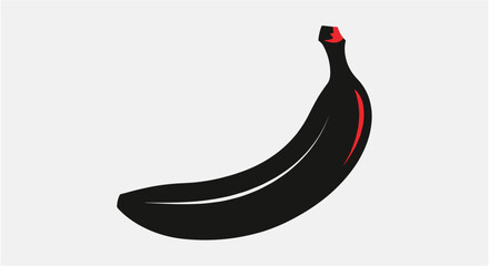 Black silhouette of a banana with a red stem and tip against a plain white background. © SALEHA STOCK