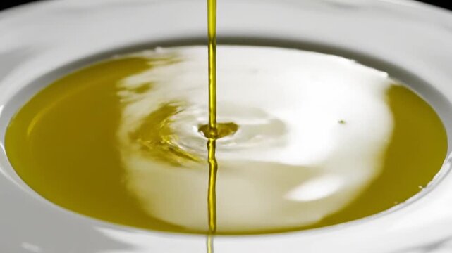 A slender stream of golden extra virgin olive oil cascades into a pristine white bowl, creating subtle ripples as it settles, symbolizing health and culinary excellence