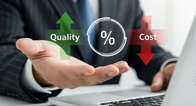 Quality Enhancement and Cost Reduction: A businessperson's hand cradles a symbolic representation of enhancing quality and decreasing cost, illustrating the core principles of economic efficiency. 