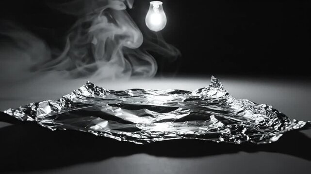 Abstract monochrome studio shot of crinkled aluminum foil with smoke and light bulb creating a surreal effect