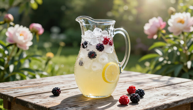 Beeren Limonade mit Zitrone und Eis im sommerlichen Garten
