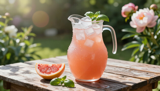 Limonade mit Basilikum im sonnigen Blumengarten