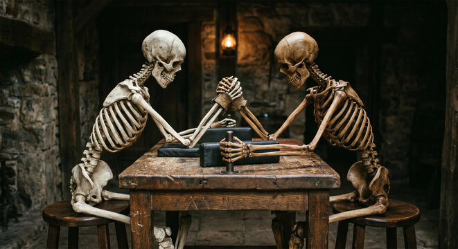 Two Skeletons Arm Wrestling on Wooden Table, Deadlock Concept, Gothic Style Skeletons Arm Wrestling, Stalemate Concept, Surreal Horror Art