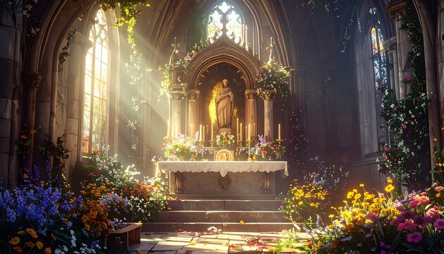 Sunny chapel interior filled with colorful flowers, sunbeams pierce through stained glass windows