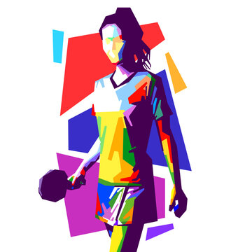 Vibrant vector illustration of a female table tennis player in WPAP pop art style, featuring colorful geometric shapes of an athlete in action.