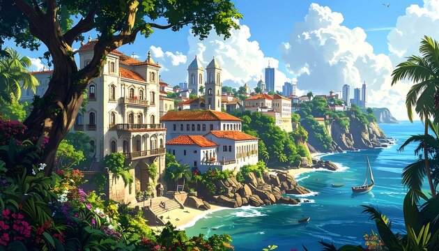 Sunny coastal cityscape