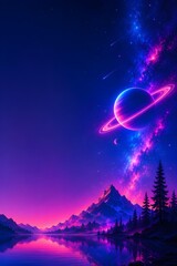 Fototapeta premium Vibrant sci-fi fantasy artwork featuring glowing neon planets, cosmic galaxy clouds, and surreal mountain silhouettes under a colorful futuristic night sky.