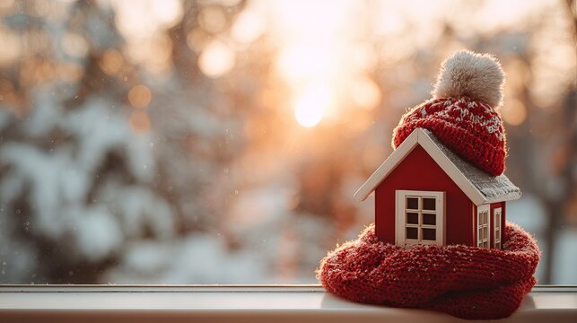 Red house model with scarf and winter hat cozy home insulation concept with snowy window background