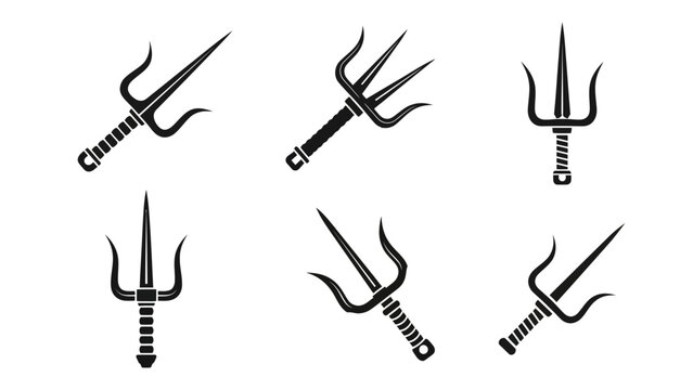 Set of Six Samurai Sai Weapons Icons - Black Silhouette