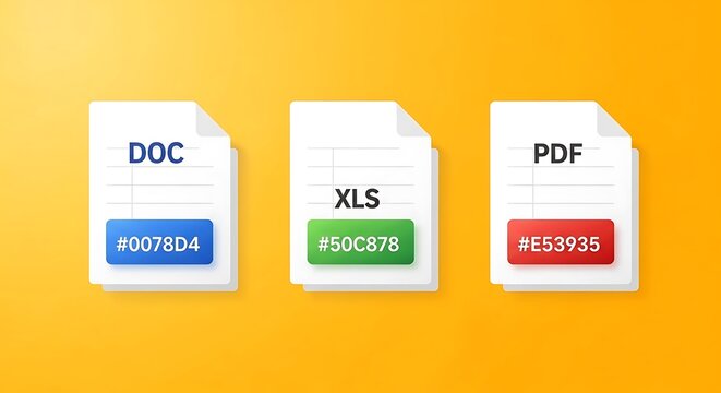 Modern flat design document file icons for doc, xls, and pdf with colorful hex codes on bright background