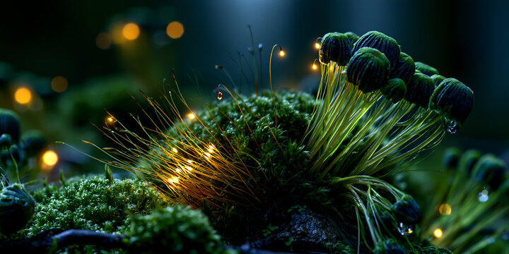 moss macro with dew, green moss texture closeup, forest moss abstract background