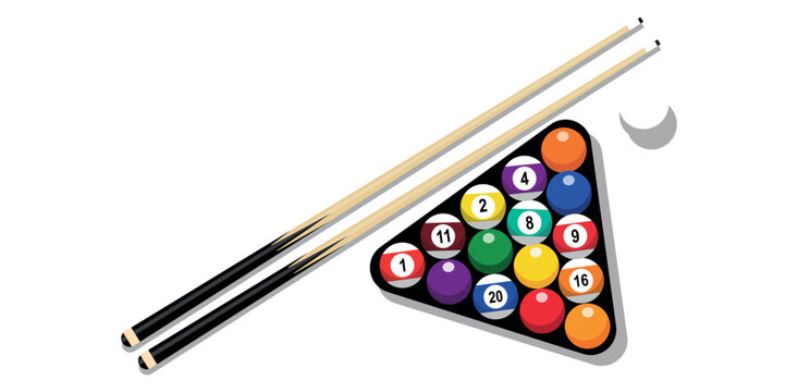 Billiard Pool Cue Sticks and Numbered Balls in Triangle Rack for Sports Recreation and Game Room Concept Vector Illustration