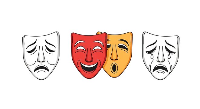 Vintage theater masks trio expressing happiness, sadness, and anger in minimalist line art design