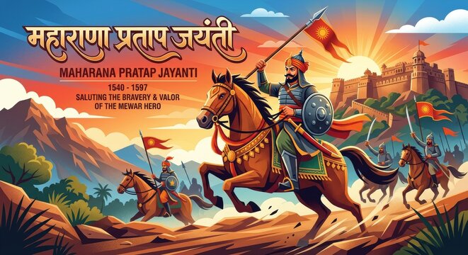 maharana pratap heroic battle scene illustration with sunset lighting and indian warrior theme